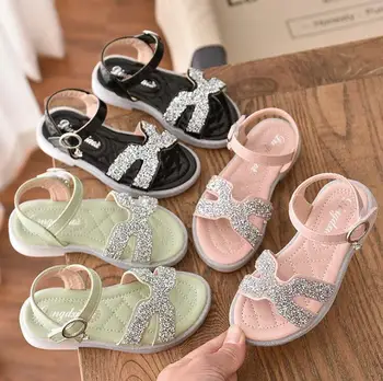 

Kids Sandals Girls Children Princess Sandals Rhinestone Glitter Fabric Flat Sandals Soft Beads Shoes Elsa Sandal