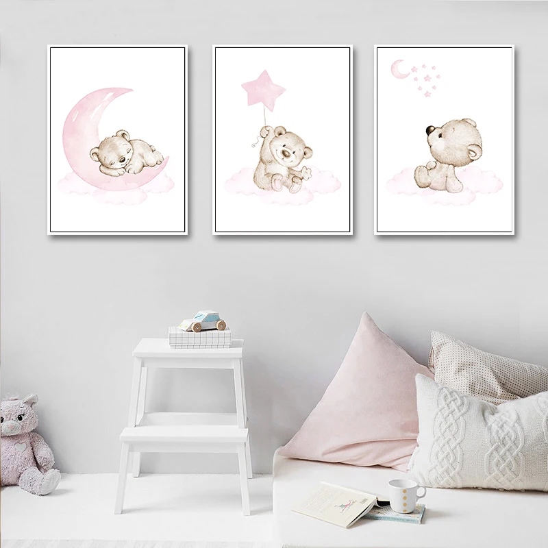 Розовый медведь Луна Звезда ребенок плакат для детской печати мультфильм наклейки для детской с животными холст живопись скандинавские дети декоративный постер для комнаты