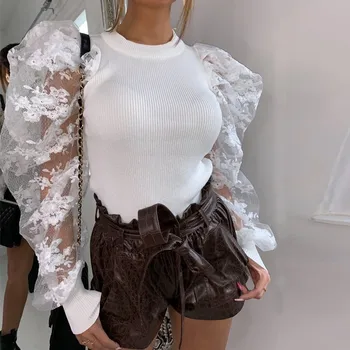 

Fashion Patchwork Lace Panel Puff Sleeve Blouse Bottoming Shirt O-Neck Autumn Rib Knitted Vintage Tops Sexy Fit Elegant Shirts