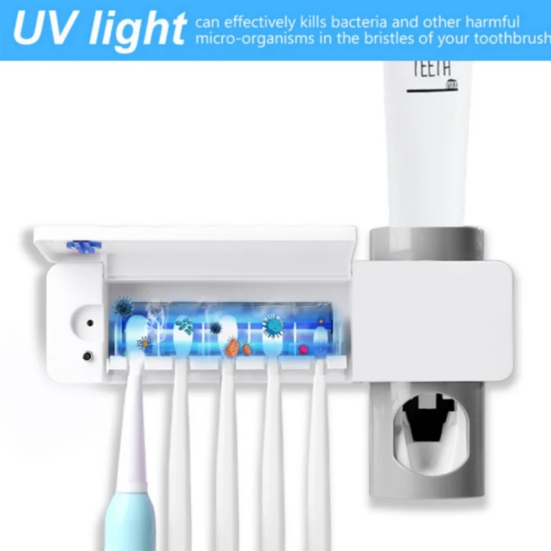 

UV Light Sterilizer Toothbrush Holder Cleaner & Automatic Toothpaste Dispenser Wall Mounted Electric Toothbrush Holder