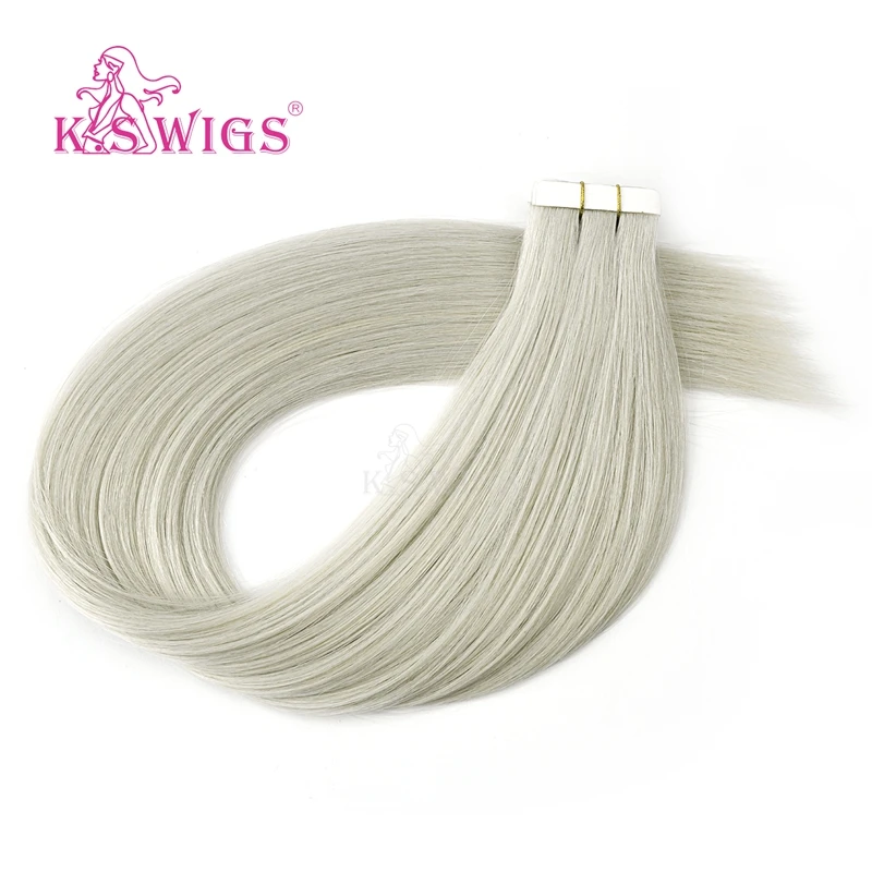 K.S парики 16 ''20'' 24 ''прямые Remy человеческие волосы серый цвет двойной нарисованной кожи уток ленты в наращивание волос