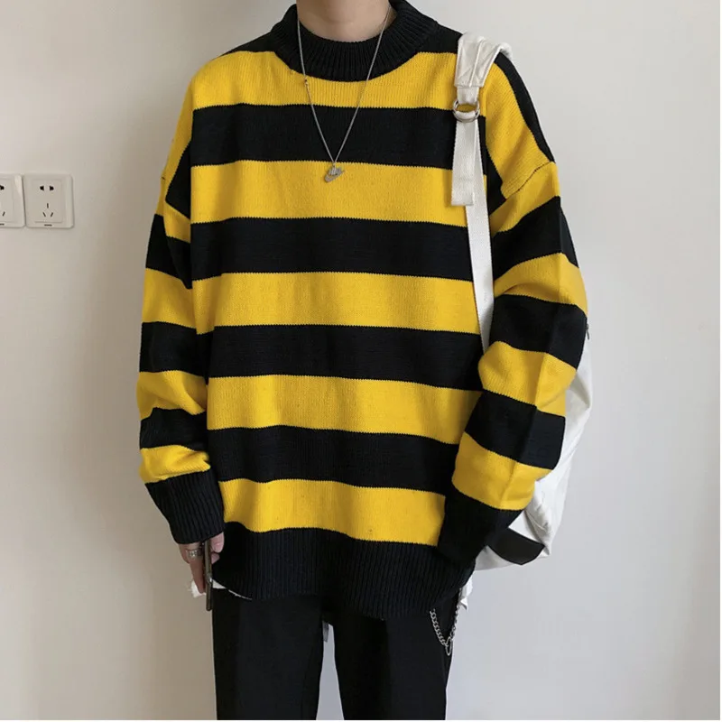 

UYUK2019 Autumn And Winter Models Trend Street Loose Casual Wild Stitching Stripes Contrast Color Men's Sweater Men Hombre