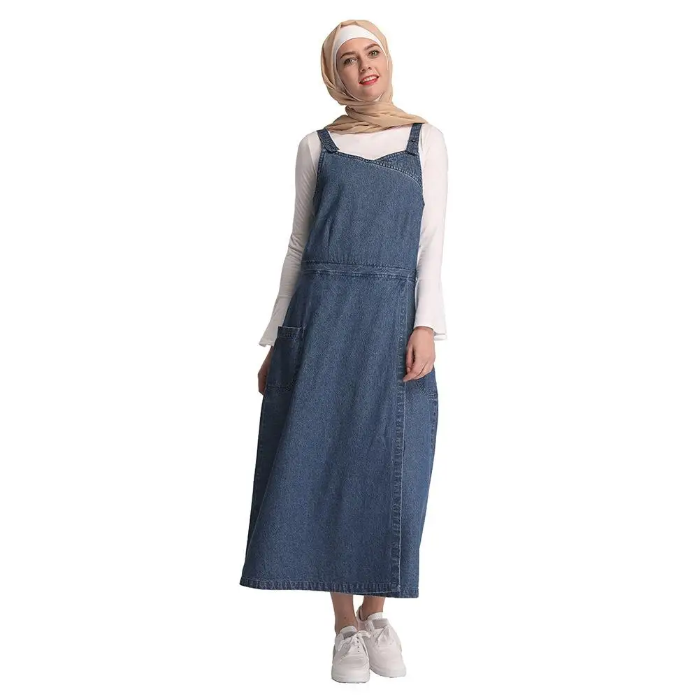 Мусульманское женское джинсовое свободное Макси платье-Сарафан длинное джинсовое платье на бретелях с высокой талией размера плюс мусульманская повседневная одежда Новинка