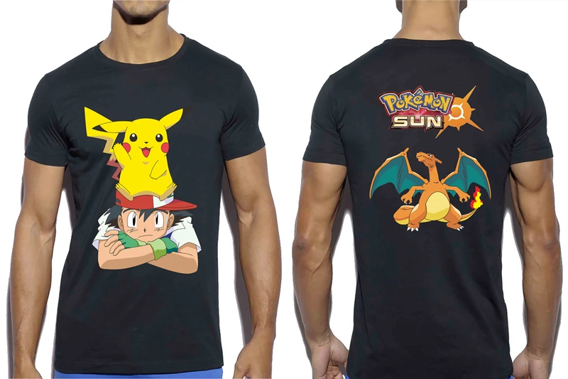 

2019 New Pikachu Pokemon Tshirt Harajuku Streetwear Casual O-Neck Short Men Shirts Funny T Shirts Black Men Tops Tees Clothing