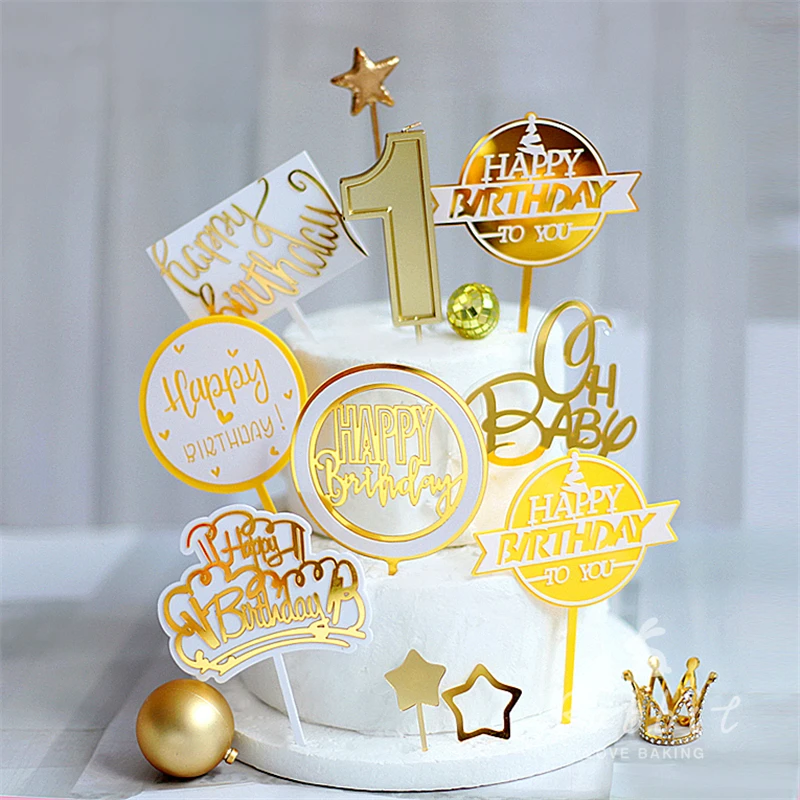 

Acrylic Pink Yellow Gold Happy Birthday Cake Topper Oh Baby Round Daimond Crown Baking Decorating Party Supplies Sweet Love Gift