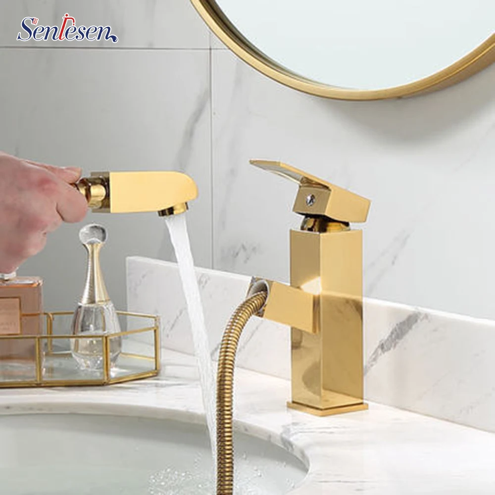 

Senlesen Basin Sink Mixer Faucet Bathroom Tap Square Shape Water Taps Gold Finish Deck Mount with Plate