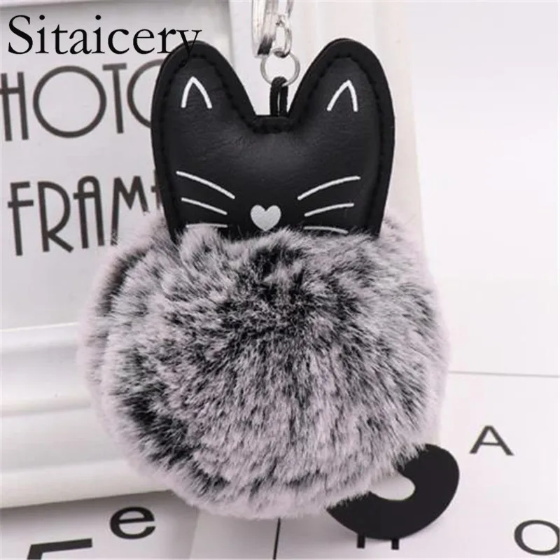 

Sitaicery Lovely Cartoon Cat Fluffy Fur Ball Key Chain Pompom Animal Tail Fur Ball Auto Keychain Women Trinket Key Ring Gift