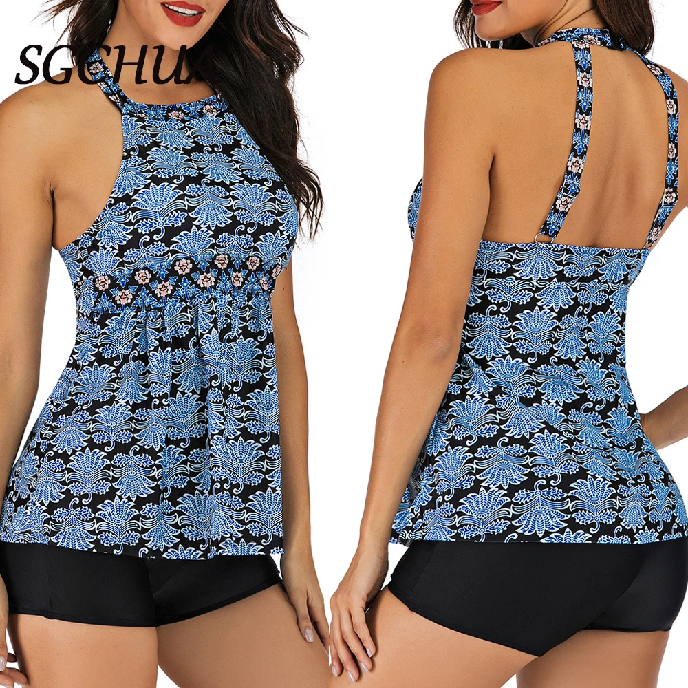 

Vintage Swimsuit Women High Neck 2 Pieces Streepless Plus Size 5XL Tankini Newest Print Bathing Suit Push Up Padded Beachwear