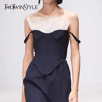 

TWOTWINSTYLE Casual Patchwork Women Vest Square Collar Spaghetti Strap Hit Color Mesh Ruffles Irregular Hem Camis Female Fashion