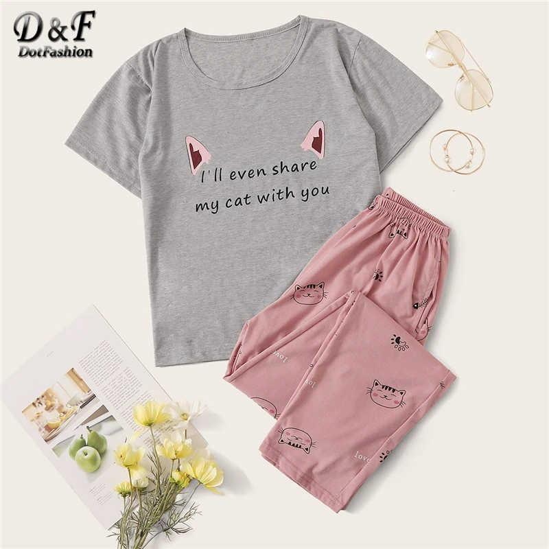 

Dotfashion Cat and Fishbone Print Pajamas For Women Tee And Pants Set 2020 Short Sleeve Summer Sleepwear Female Pajama Set