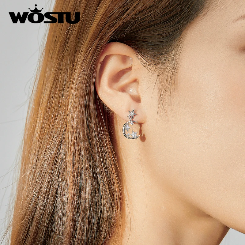 WOSTU, новинка, 925 пробы, серебряные, ослепительные, звезда, луна, серьги-гвоздики, свадебные, циркониевые серьги для женщин, трендовые ювелирные изделия CQE813
