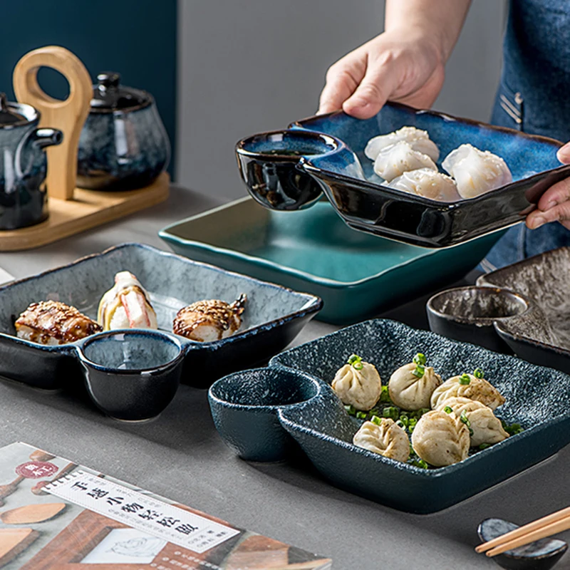 Japanese Ceramic Dumpling Plate with Vinegar Tableware, Simple and Creative Household Division Sushi, Shrimp Fries