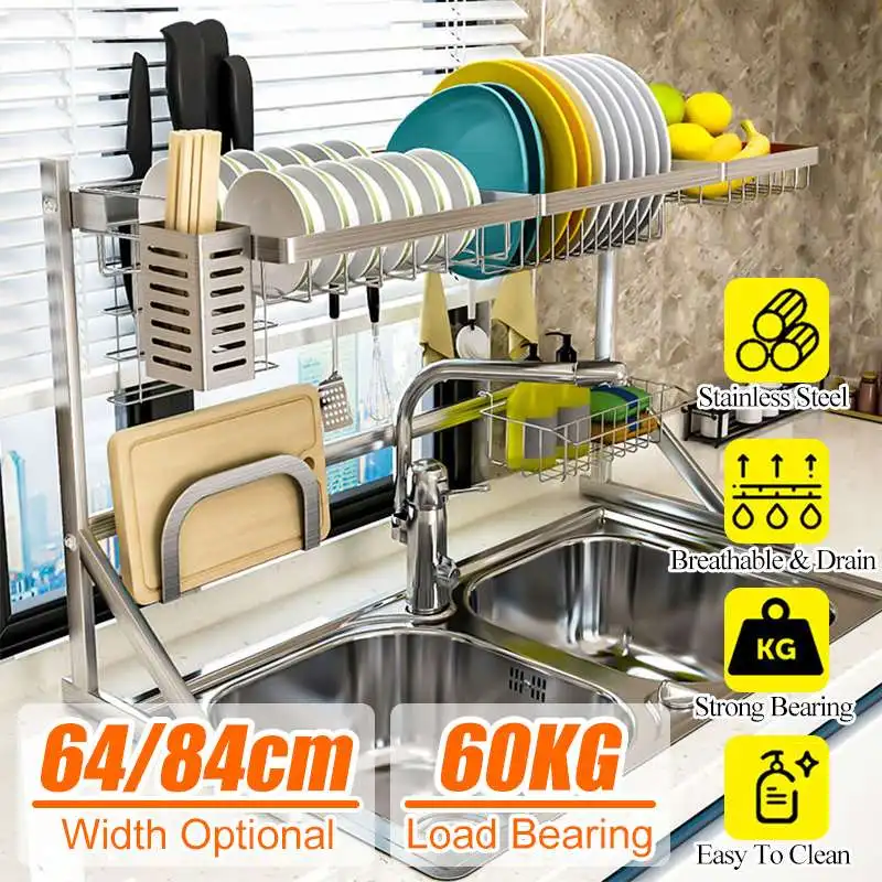 

New 304 Stainless Steel Kitchen Cutlery Holder Shelf Rack Drying Drain Storage Holders for Plate and Dish 64cm/84cm choose