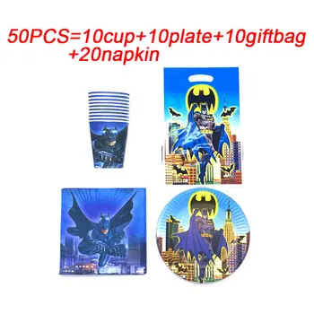 

50PCS Party Supplies Set Kids Batman Birthday Party Decor Disposable Tableware Set Batman Birthday Gift Bags Batman Cups Plates