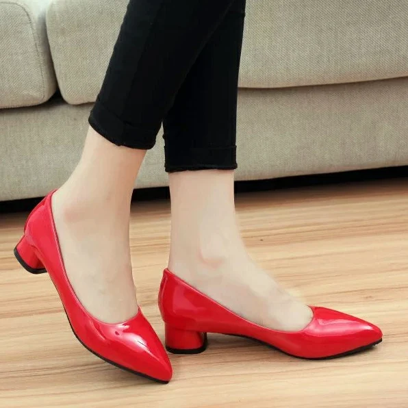 

Plus Size 35-42 9 10 Spring Women Pointed Toe Patent Leather Boat Shoes Low heels Pumps woman Basic Square heel Shoes loafers