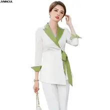 2021 New Arrival Fashion Women Ladies Winter Pant Suit With Bow Belt Black White S-5XL Korean Design Business 2 Piece Set