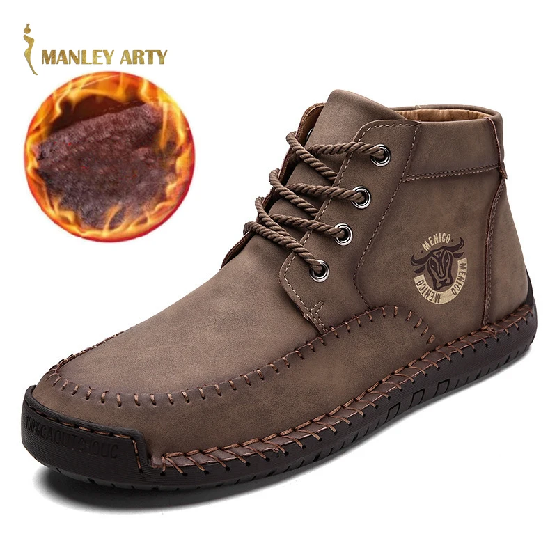 

2020 Autumn Winter Men Warm Leather Boots Non-slip Flat Short Plush Non-slip Mid-cut Snow Boots Casual Leather Shoes Large Size