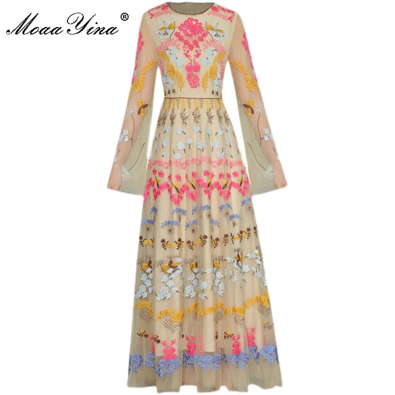 

MoaaYina Fashion Designer Spring Summer Mesh Dress Women O-Neck Long Sleeve Flowers Embroidery Vintage Party Dress