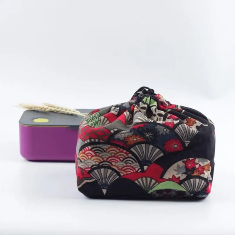 

Japanese Style Printed Office Food Storage School Thermal Insulated Bento Pouch Drawstring Cloth Portable Cooler Lunch Bag
