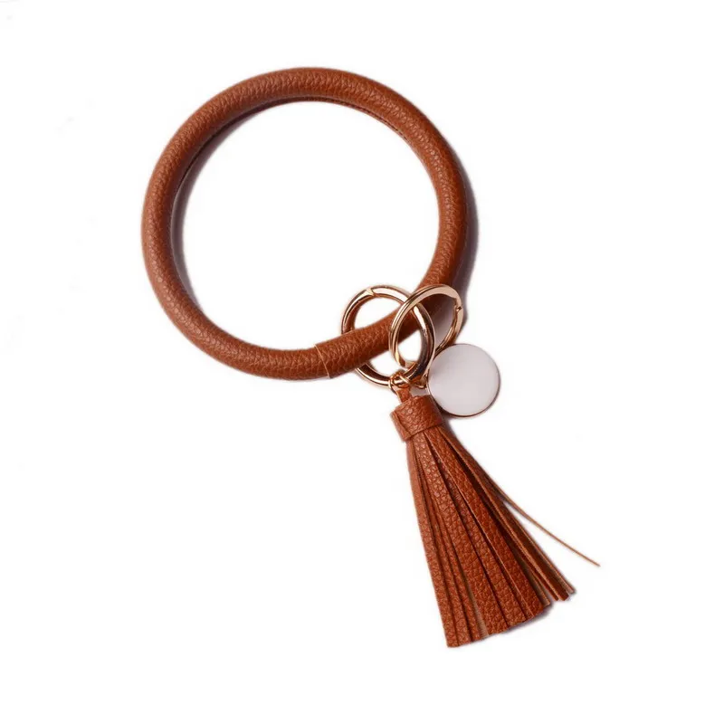 DZ0090 brown Резиновые Новые Модные леопардовые брелок с кистями эмаль ПУ кожа O брелок монограмма круг браслет брелок для женщин девочек - Цвет: DZ0090 brown