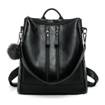 

Waterproof Rucksack Backpack Women PU Leather Female Solid Color Anti-theft Shoulder Bag Slope Travel Backpack