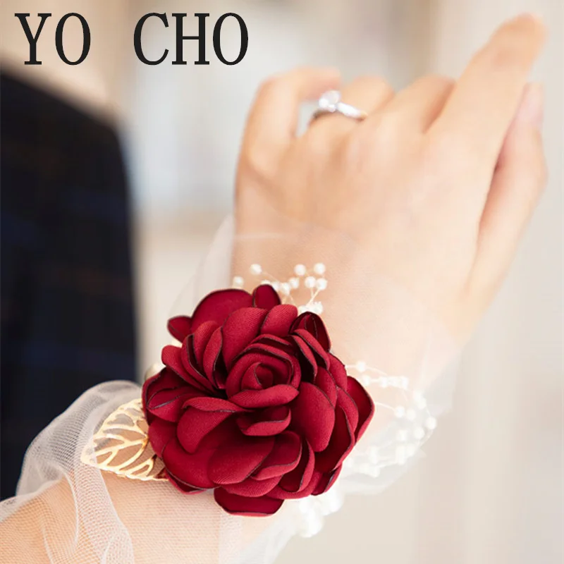 YO CHO poignet Corsage Bracelet de mariage pour demoiselle d'honneur bordeaux soie poignet Corsage demoiselle d'honneur sœurs main fleurs hommes boutonnière
