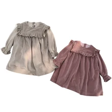 Осень-зима однотонные Цвет с длинными рукавами одежда для малышей для девочек, платья с рукавом-клеш для детей Вельветовая одежда, Леггинсы для новорожденных, узор В горошек LZ526