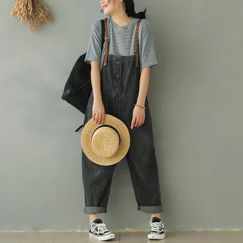 

Siamese cotton denim overalls 2020 spring new retro literary women loose harem Rompers gray Overalls