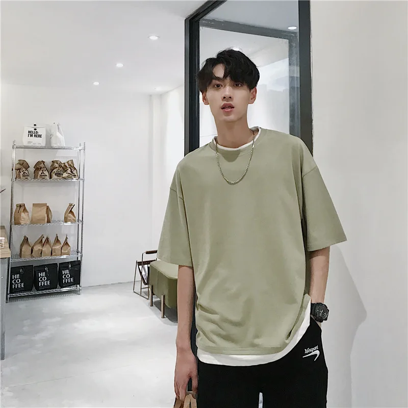 

2020 Summer Two Paper Short Sleeve T Shirt Male Loose Leisure Split Joint Half Sleeve Solid Color Jacket O-Neck Tops