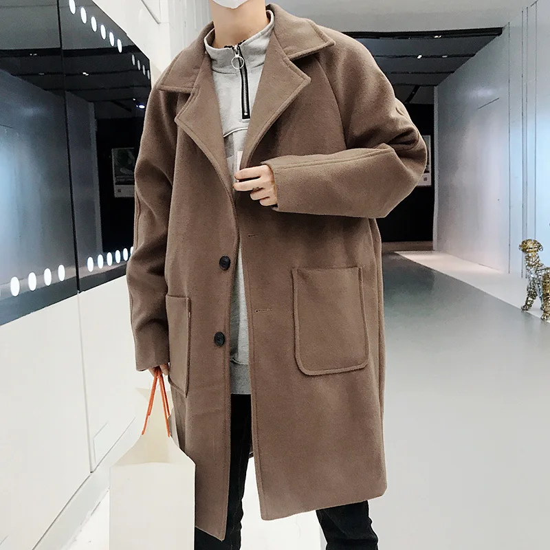 

Men's coat autumn winter new slim in long pure color large pocket coat casual lapel fashion personality young men's wear