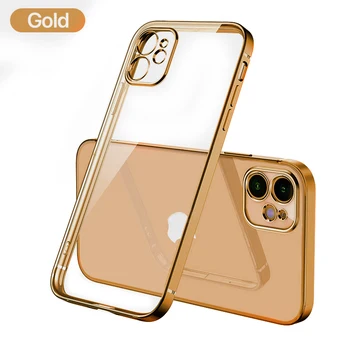 Luxury Plating Square Frame Silicone Transparent Case on For iPhone 11 12 13 Pro Max Mini X XR 7 8 Plus SE 2020 Clear Back Cover 14