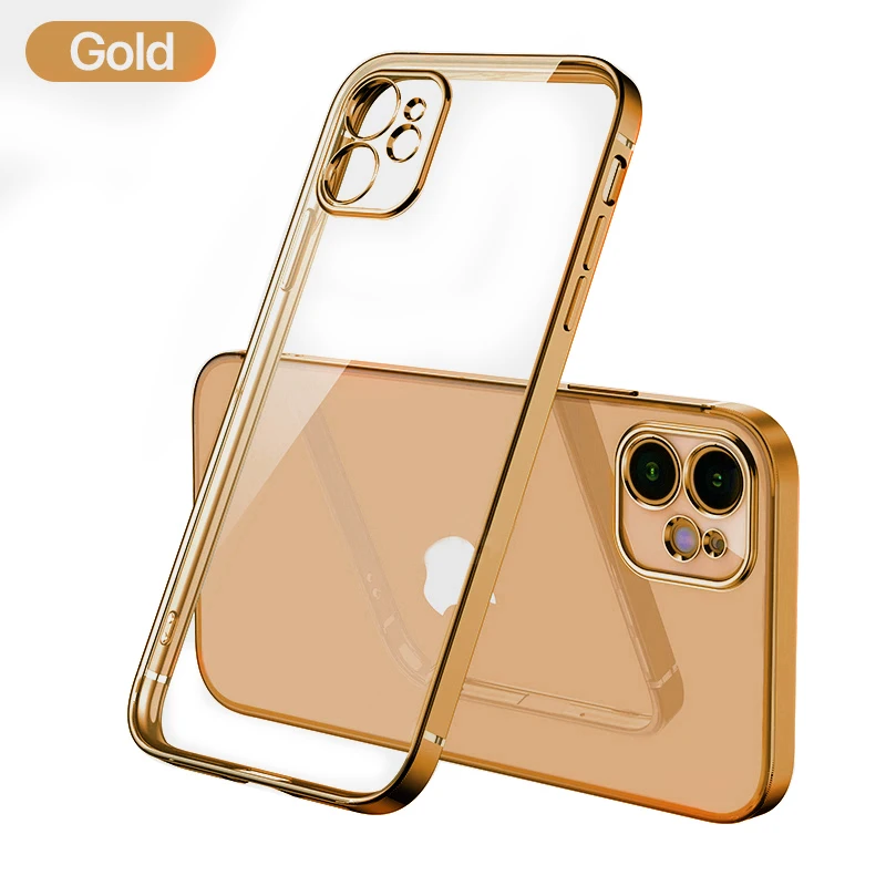 neck pouch for phone Luxury Plating Square Frame Silicone Transparent Case on For iPhone 11 12 13 Pro Max Mini X XR 7 8 Plus SE 2020 Clear Back Cover mobile phone case with belt loop Cases & Covers