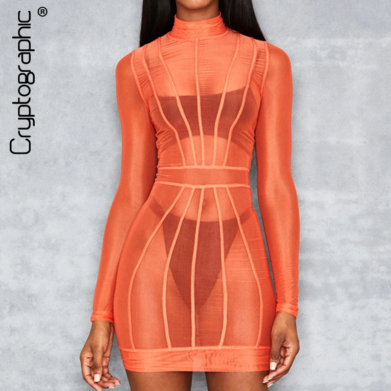 

Cryptographic Sexy Transparent Patchwork Mesh Dress Female Bodycon Dresses 2019 Long Sleeve Fashion Solid Turtleneck Clubwear