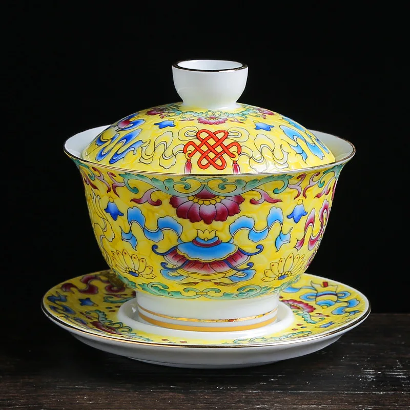 Цветная эмалированная китайская чайная посуда Gaiwan Sancai, чайная чаша, набор чайных чашек и блюдца, 150 мл, чайная чашка, чайник - Цвет: E