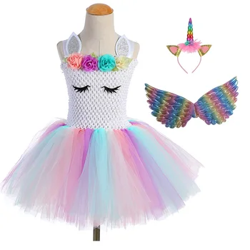 

Flower Girls Unicorn Costume Pageant Princess Party Dress with Headband Wing for Girl 2-10 Year Halloween Costumes for Kids