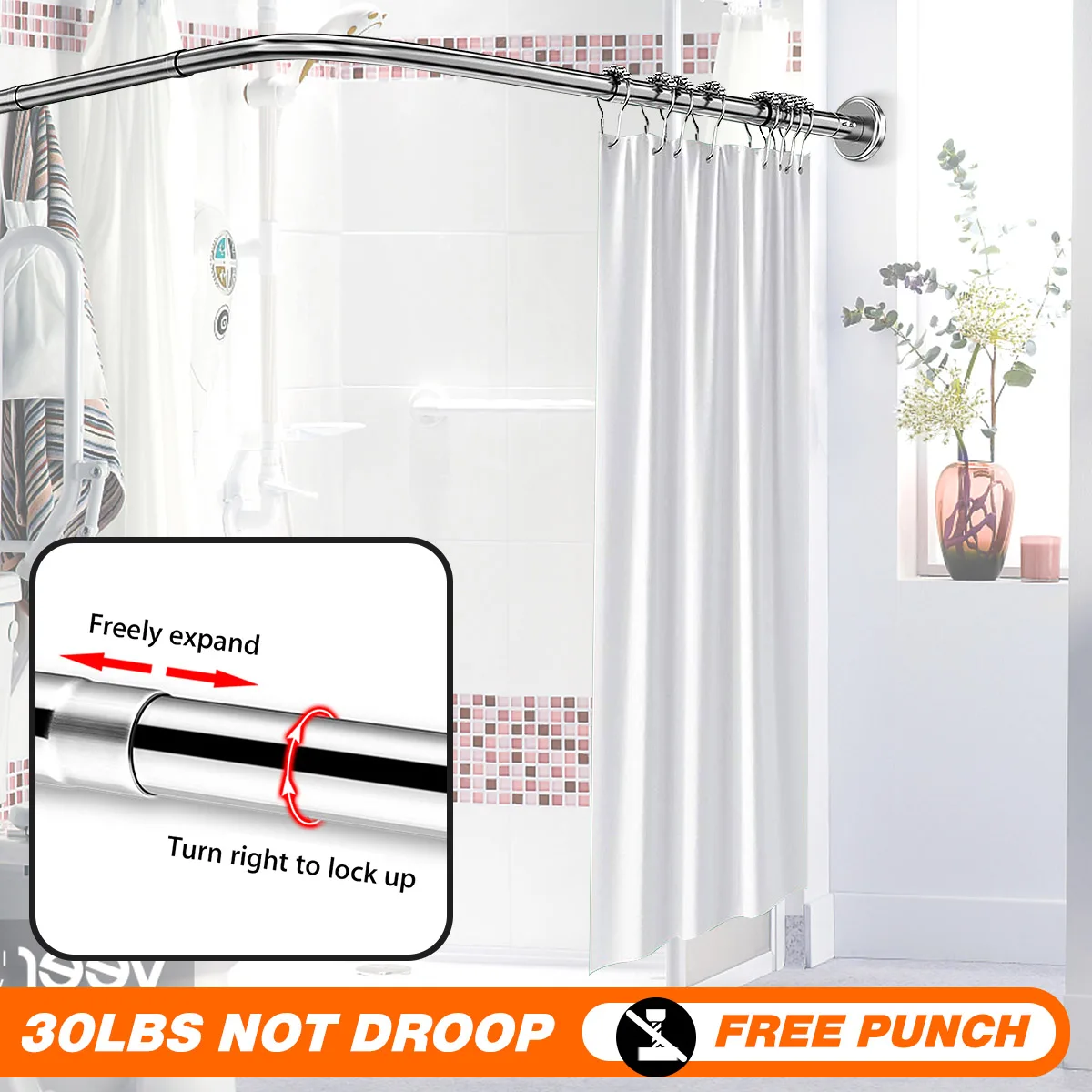 Rideau de douche en forme de L avec ventouse, angle, rail, bien chargé,  extensible, 40.15 en