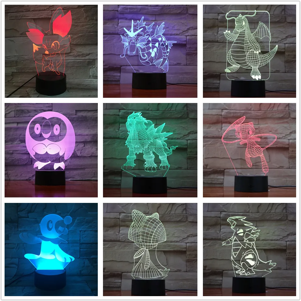 Anime Pokemon 3D LED Night Light Game Fennekin Dragonite Ralts Gengar Gyarados Tyranitar Pocket Monster Figure Lamp Model Decor