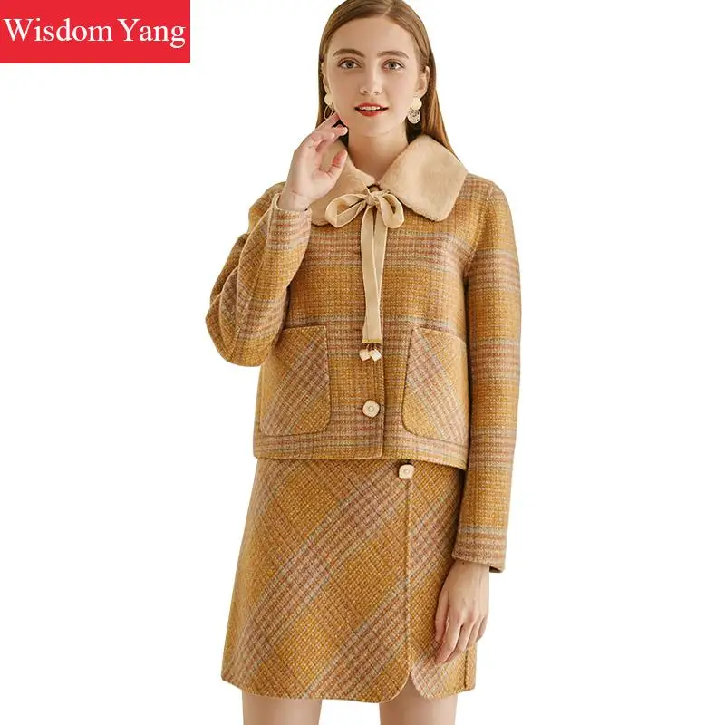 

2 Piece Winter Autumn Women Sheep Wool Suit Tops Cashmere Coats Yellow Plaid Woolen Overcoat Mini Wrap Skirts Korean Lady Suits
