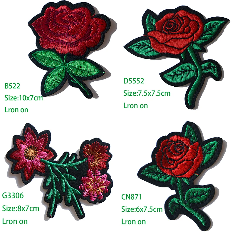 

Rose with Leaves in Love Embroidered Iron on Patches for Clothing DIY Stripes Clothes Patchwork Sticker Custom Flowers Badges