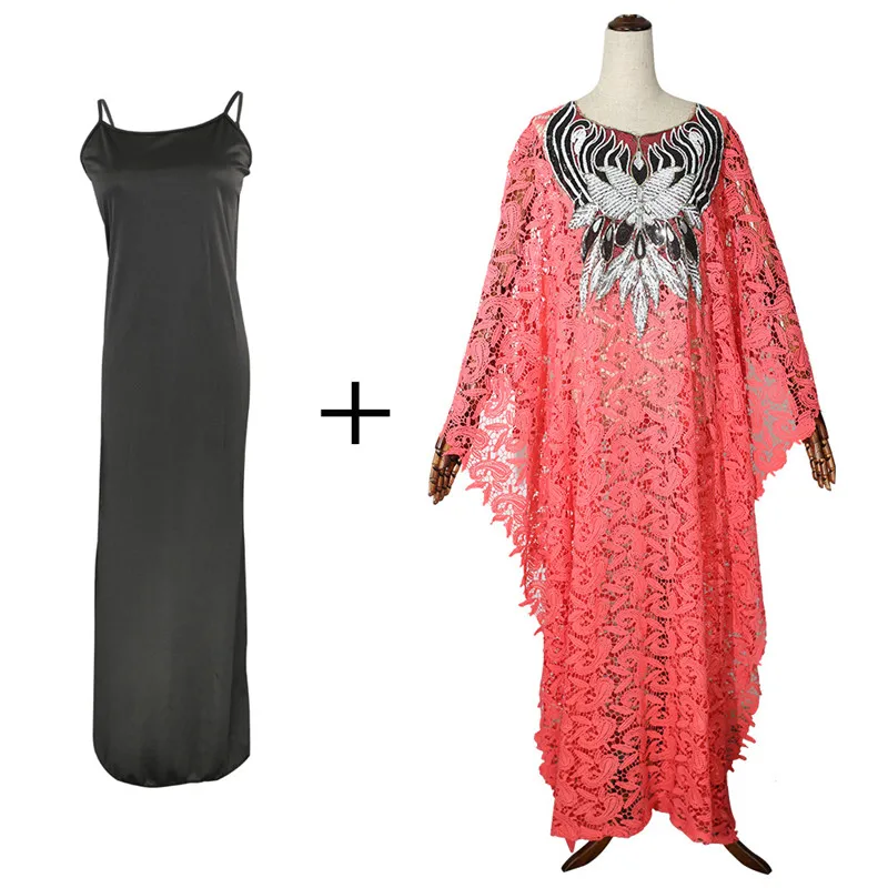 African Dresses for Women Sexy Water-soluble Lace beads embroidery Loose Dress Matching with Camisole Robe Africaine Plus Size