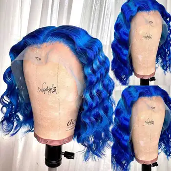 

Blue Colored Short Blunt Cut Bob 13x6 Lace Front Wig Curly Pre Plucked Brazilian Remy Swiss Invisible Lace Wig 130 Density Atina