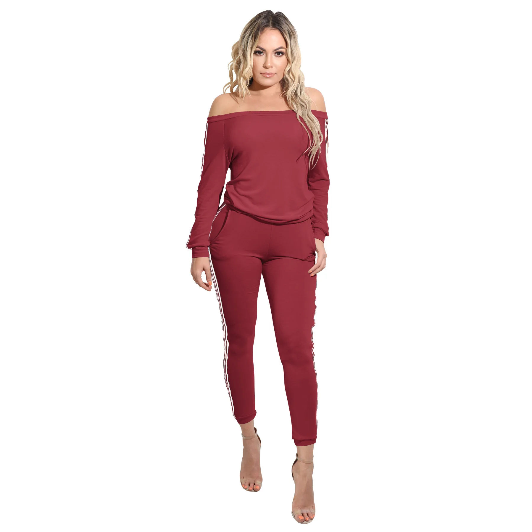 

Women Two Piece Set Knitted Suit 2019 Autumn Winter Fashion Track Suit Off Shoulder Slash Neck Long Sleeve Bodycon Sports Suits