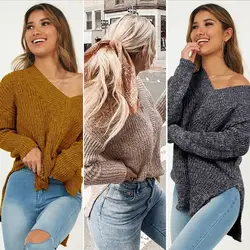 Новый осенний вязаный женский свитер глубокий v-образный вырез длинный рукав асимметричный пуловер Плюс Размер однотонный Модный