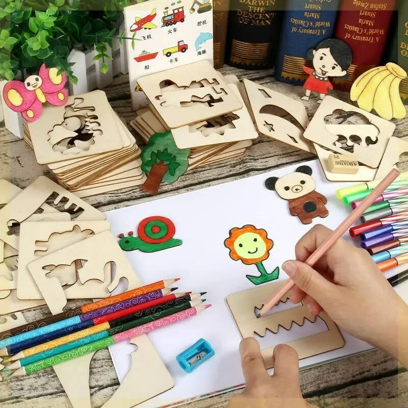 

Graffiti Painting Wooden Tools Set Kindergarten Pupils Sketching Drawing Template for Kids Brain Toy Art Beginners Gifts 2020