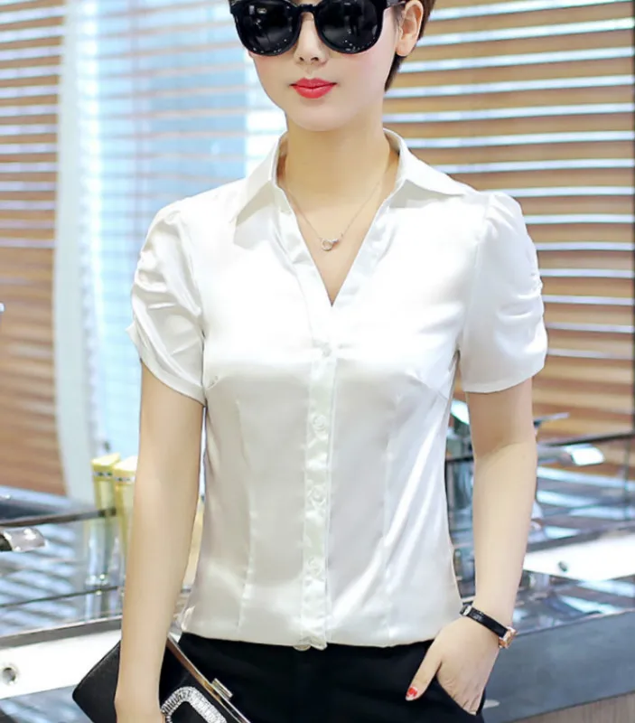 White satin blouse short sleeve Clearance