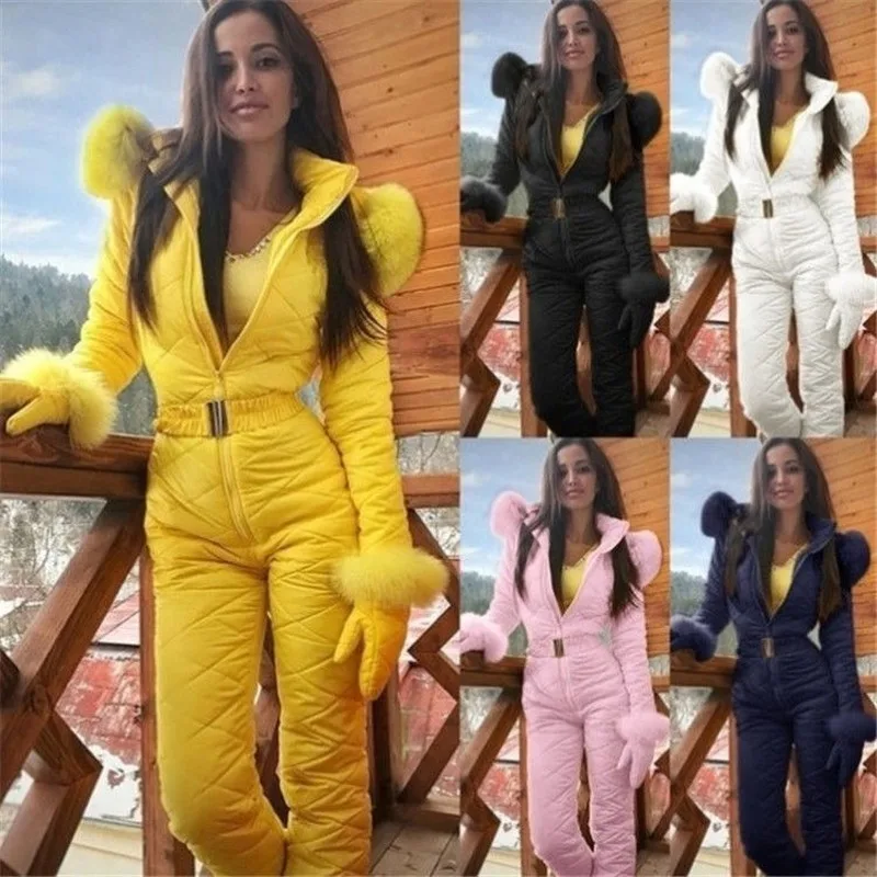 Winter Outdoor Fashion Ski Suit Jacket Hoodie Outdoor Sports One-Piece Suit Zip Women Ski Suit One Piece Jumpsuit Straight Pants
