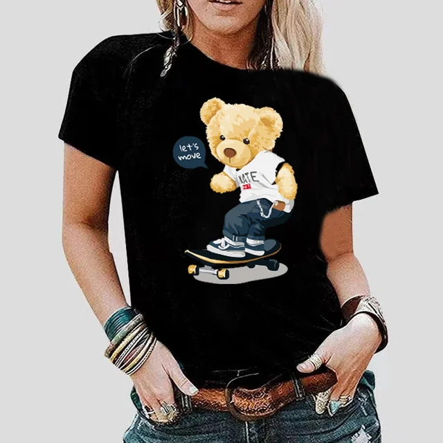 Fashion Bear Print Women T-Shirt Harajuku Round Neck Casual Loose Short Sleeve Summer Slim Soft Tops Clothing Hip Hop Streetwear 3bear015