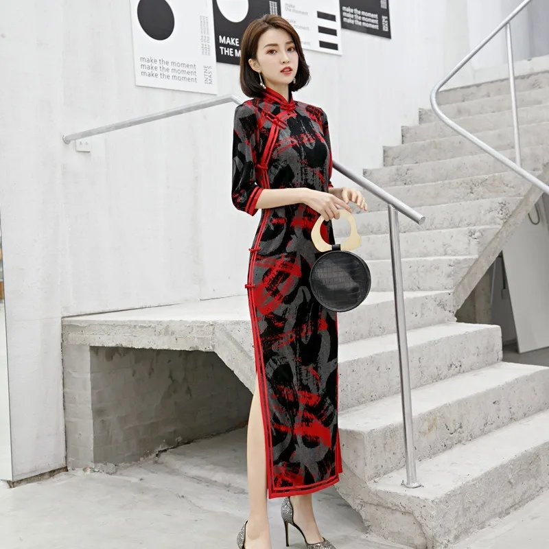 

autumn and wintermproved cheongsam mid-length cheongsam dress fashion simple improved cheongsam traditional cheongsam