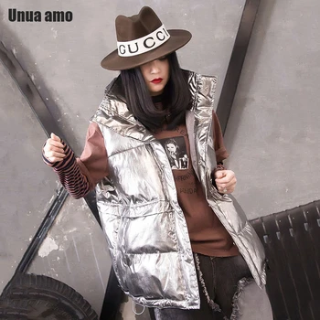 

Unua amo Winter Down Jacket Women Sleeveless Vest 2020 Loose Fit Fashion Glossy Sliver Hooded Parka Warm Padded Vest Coat
