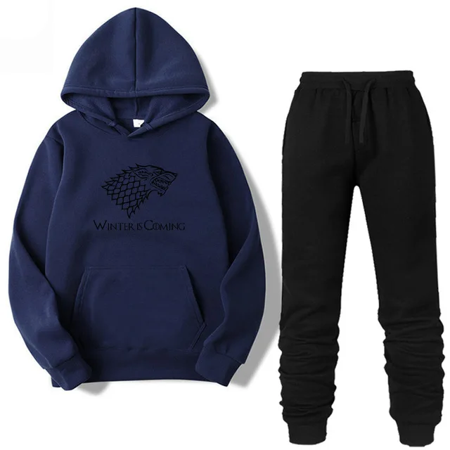 Navy blue-B Двойка комплект Игра престолов скоро зима толстовка Для мужчин/Для женщин спортивный костюм толстовка с капюшоном Осенняя брендовая одежда, худи+ штаны в комплекте комплект - Цвет: Navy blue-B